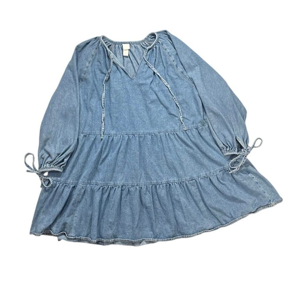 H&M Denim Tiered Babydoll Mini Dress 100% Cotton Loose Fit 3/4 Tie Sleeve XL
